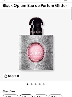 Yves Saint Laurent Black Opium Glitter Perfume Bottle in Silver with Pink Accent